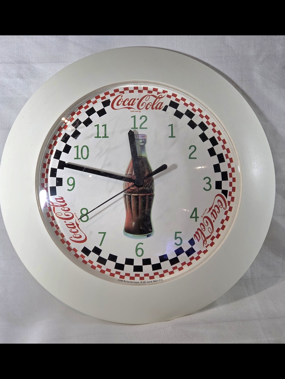 Coca Cola White and Red Wall Clock with Bottle Graphic 1997
